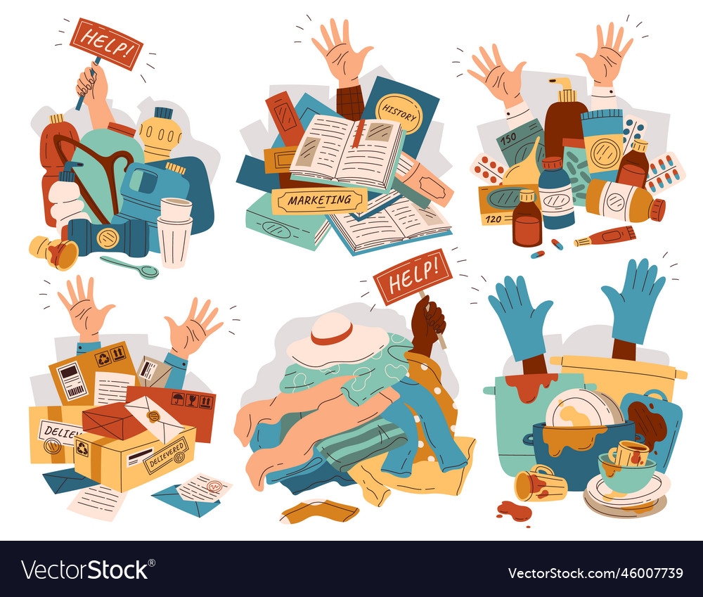 Hands in pile of different things flat icons set