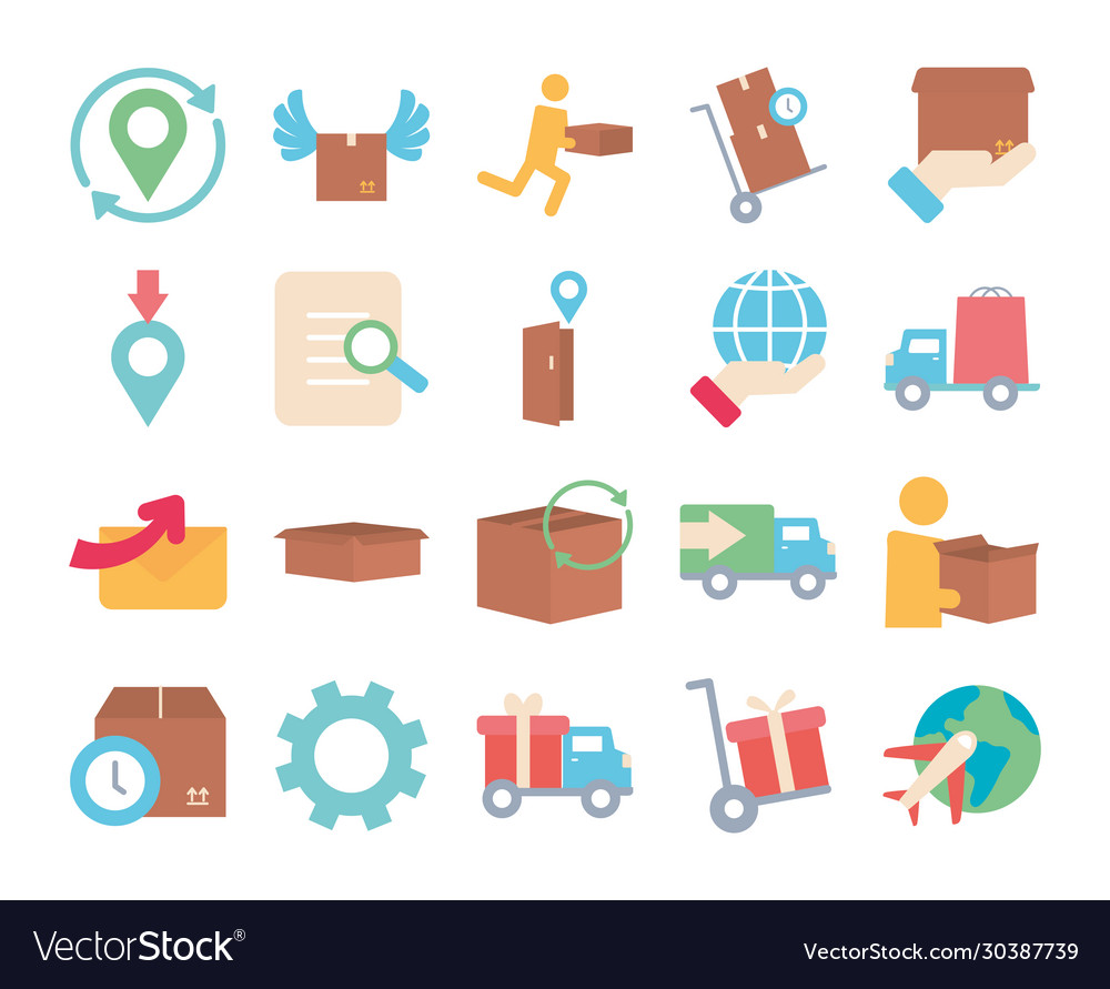 Location pins and fast delivery icon set flat