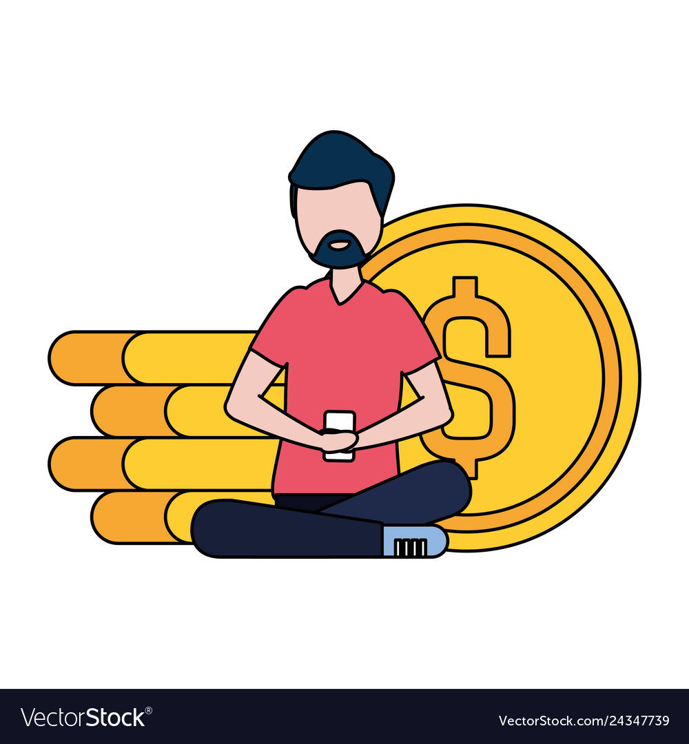 Man with smartphone and coins avatar character Vector Image Man with smartphone and coins avatar character