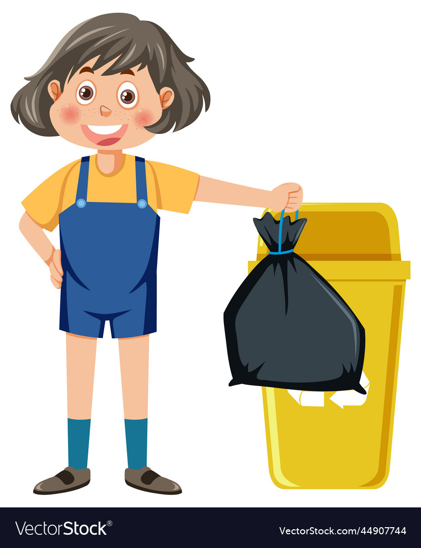 A girl holding trash bag with yellow bin