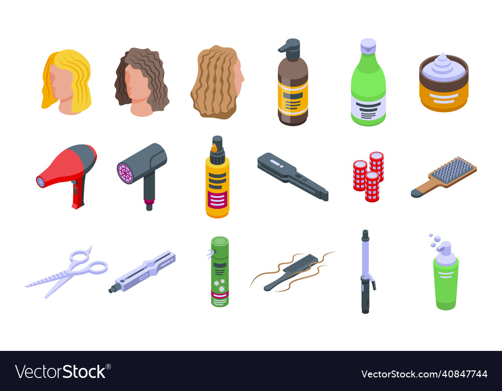 Curly hair care icons set isometric dandruff