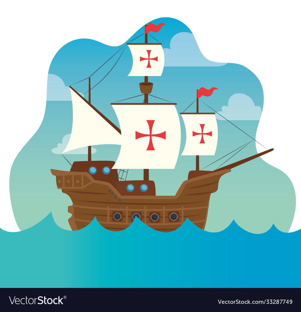 Happy columbus day with ship carabela on sea