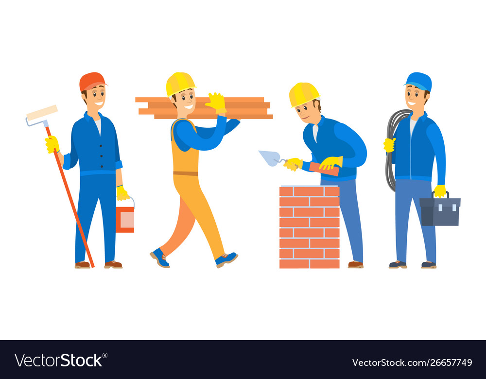 Workers on building construction set characters