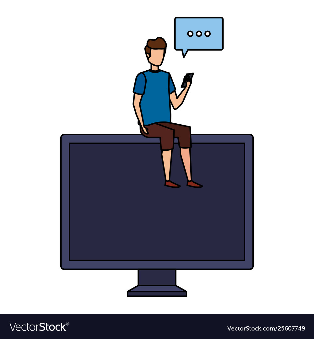 Young man using cellphone seated in computer vector image Young man using cellphone seated in computer