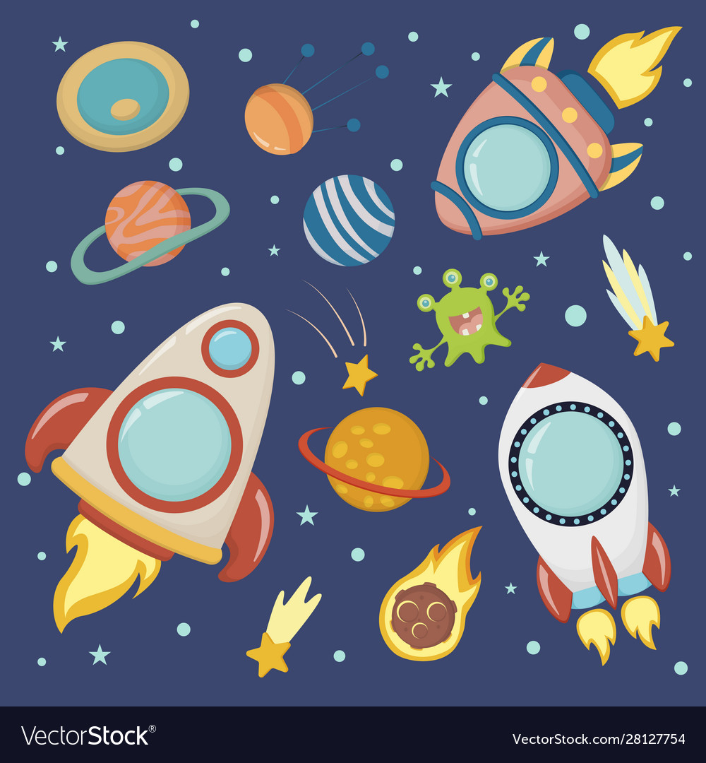 Planets and rockets for children- flat Royalty Free Vector