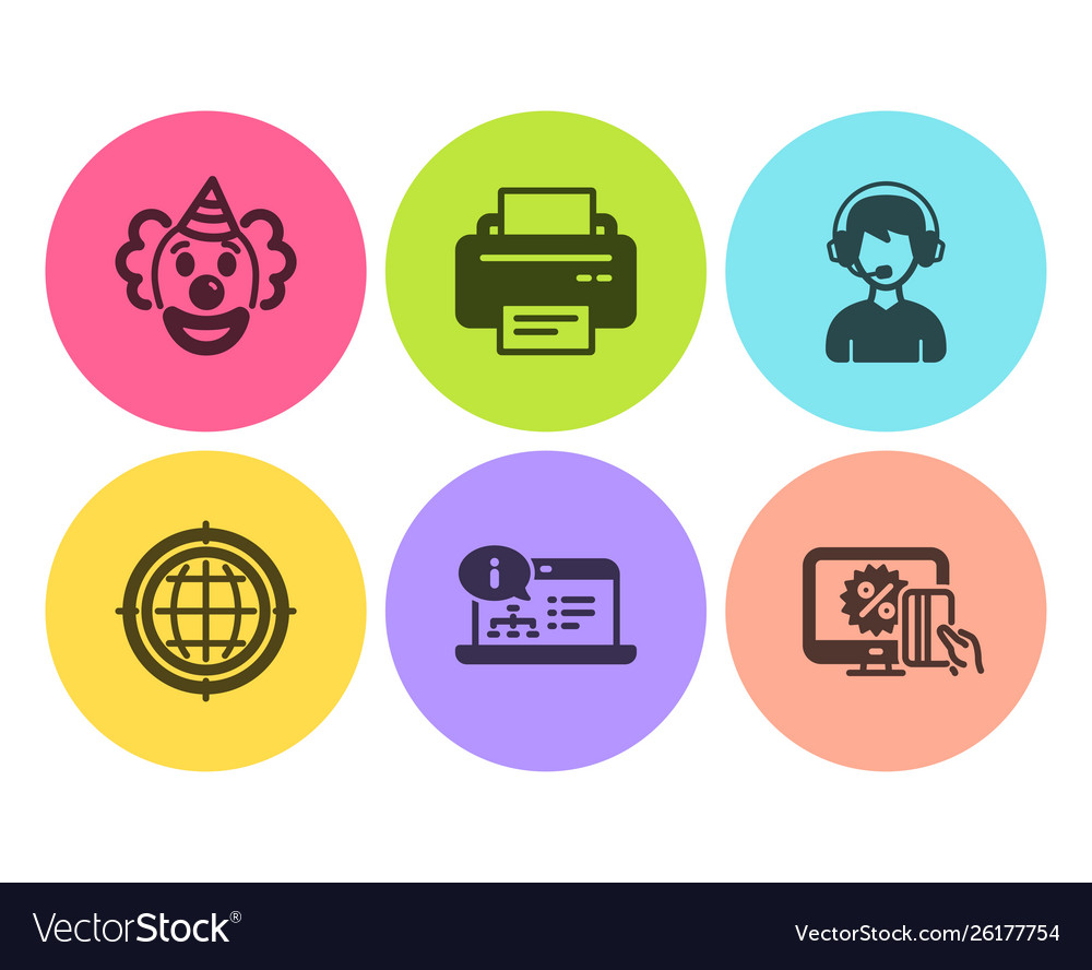 Printer online documentation and clown icons set Vector Image Printer online documentation and clown icons set