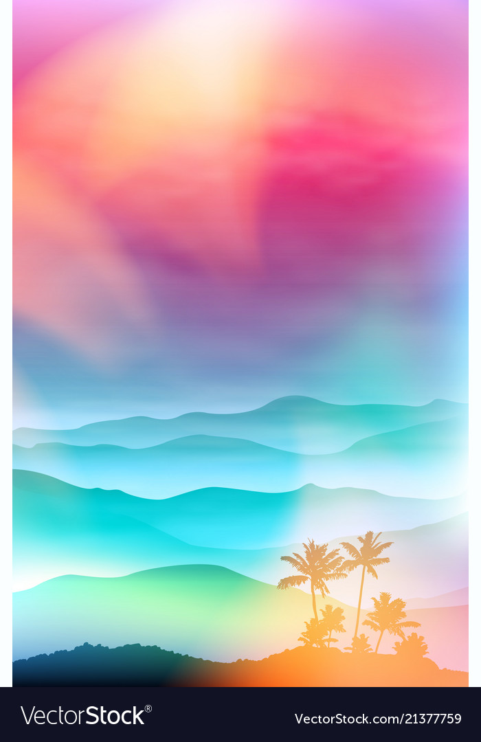 Background with palm tree and mountains in the fog