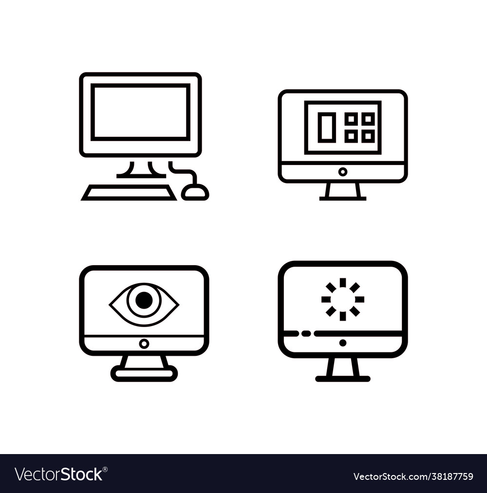 Computer monitor screen line icon set