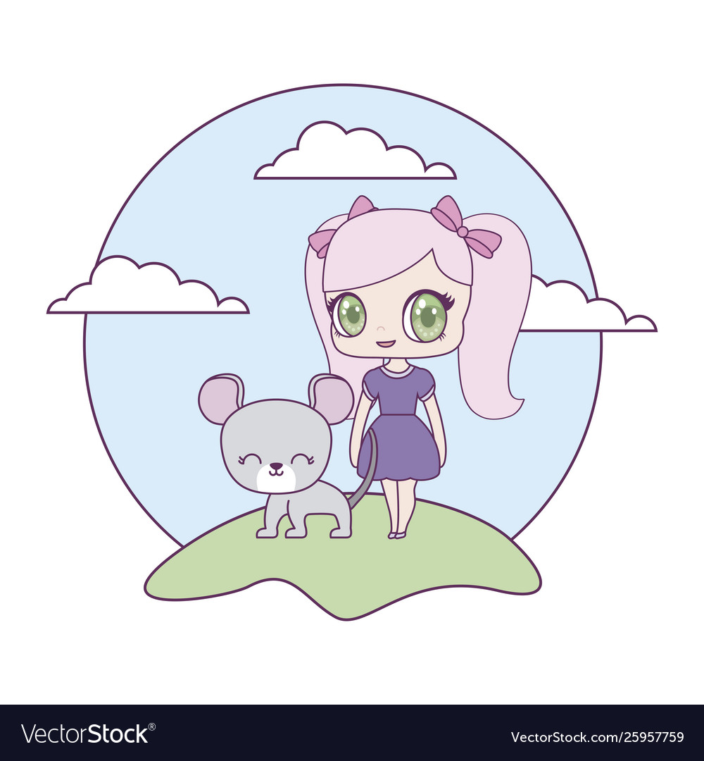 Cute little doll with mouse animal in landscape