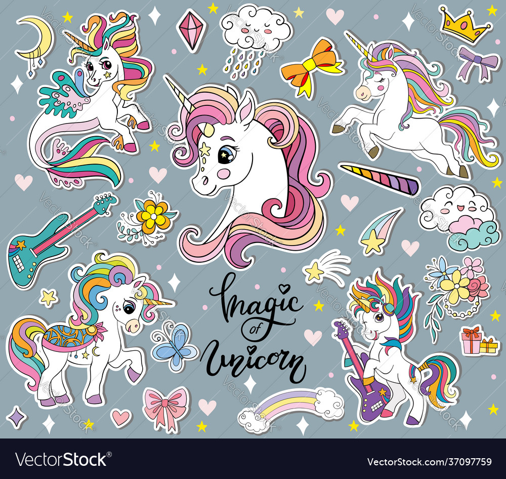 Set cute cartoon unicorns gray