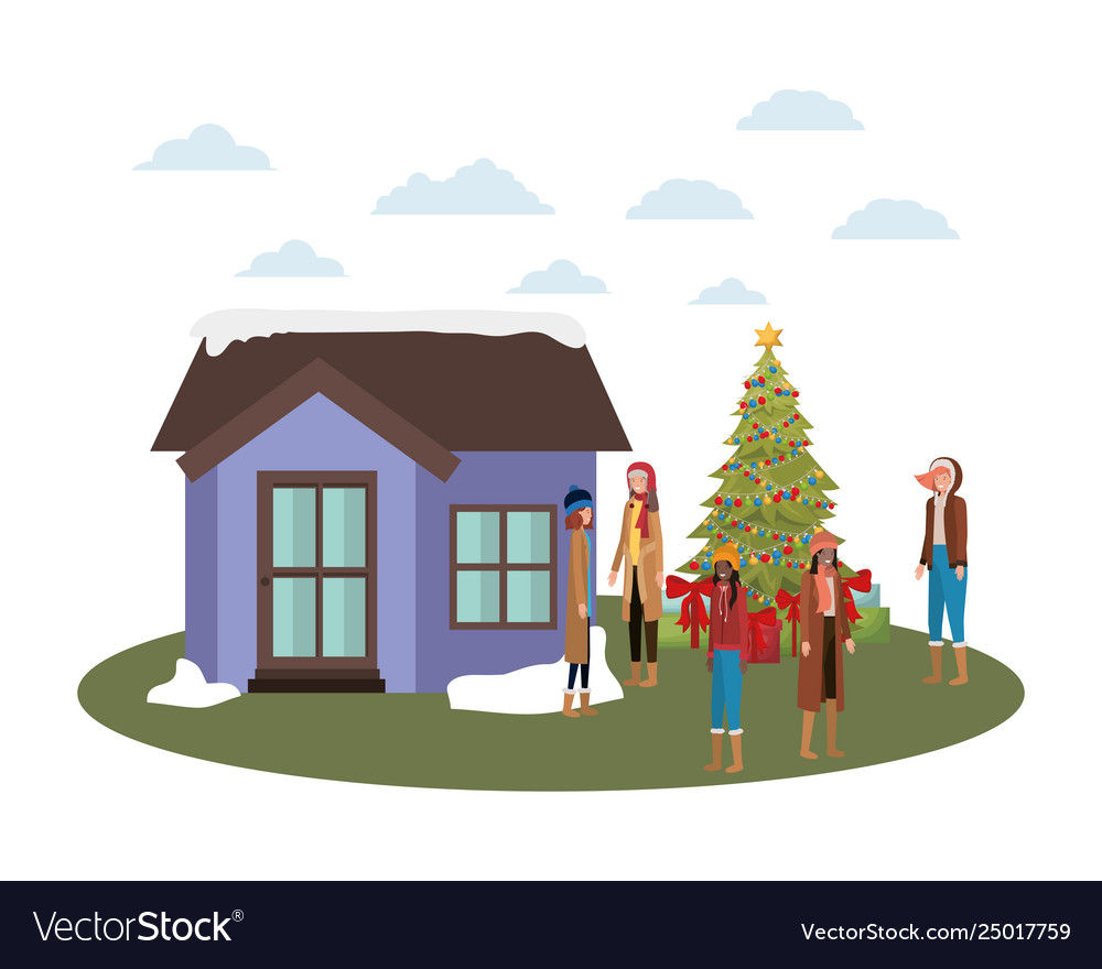 Women with christmas tree outside house