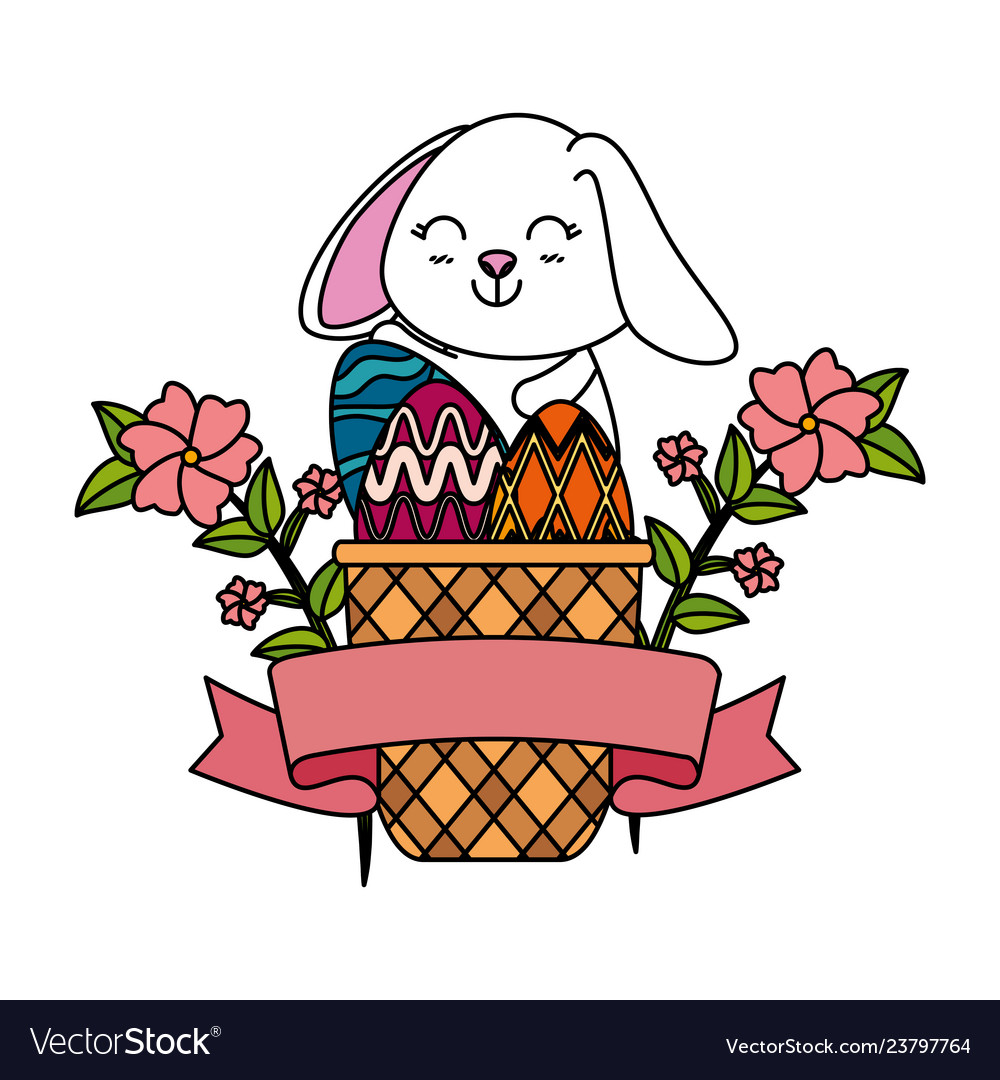 Cute rabbit with easter eggs painted in basket Vector Image