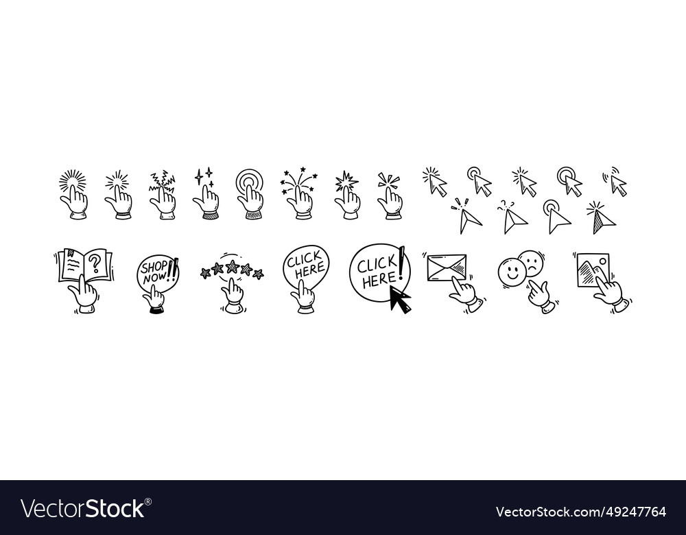 Doodle click icons set hand finger cursor pointer vector image Doodle click icons set hand finger cursor pointer