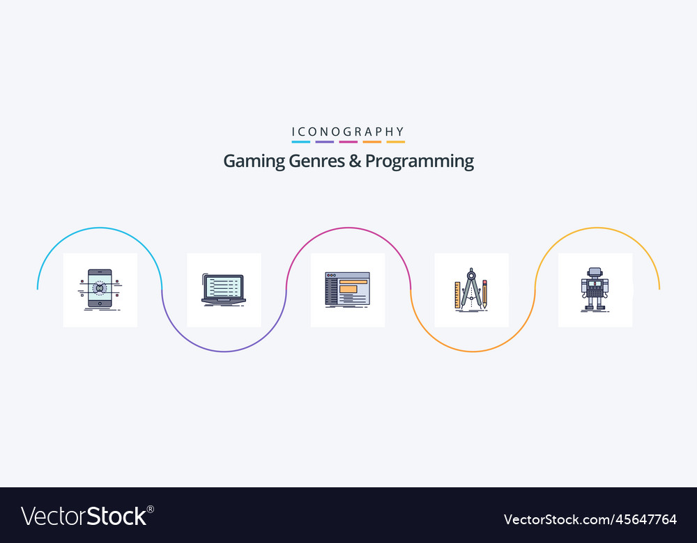 Gaming genres and programming line filled flat 5