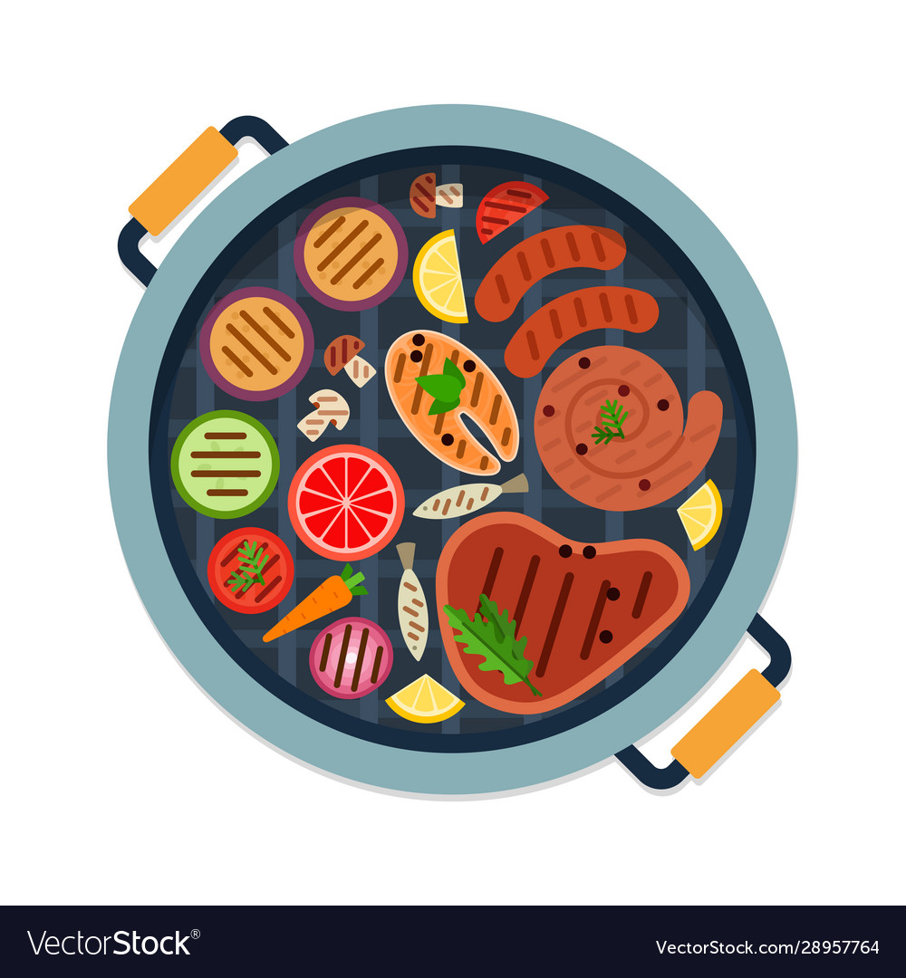 Sausages steak fish and vegetables on grill Vector Image