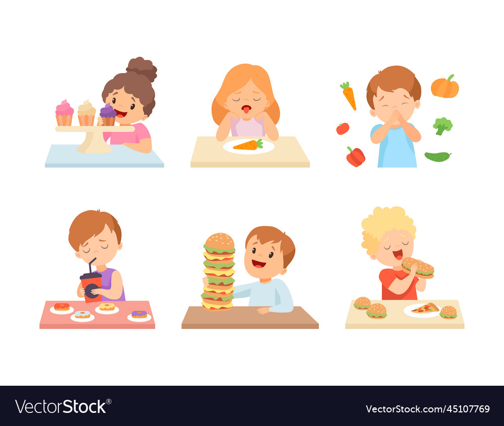 Little kids at table with vegetables hamburger Vector Image