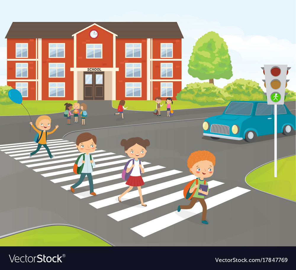 vector illustration of a schoolchildren crossing the road with the