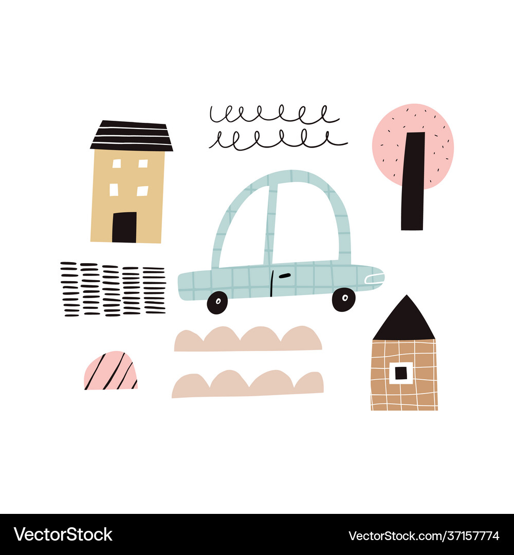 Abstract motor car tree houses and doodle Vector Image