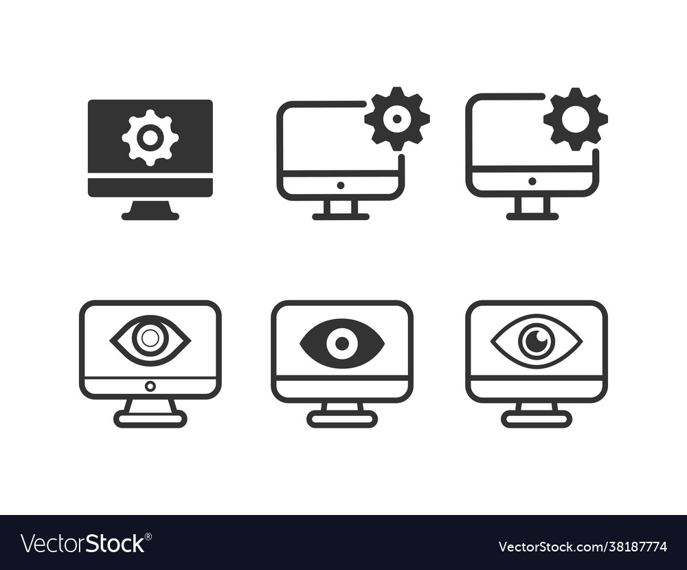 Computer monitor screen line icon set