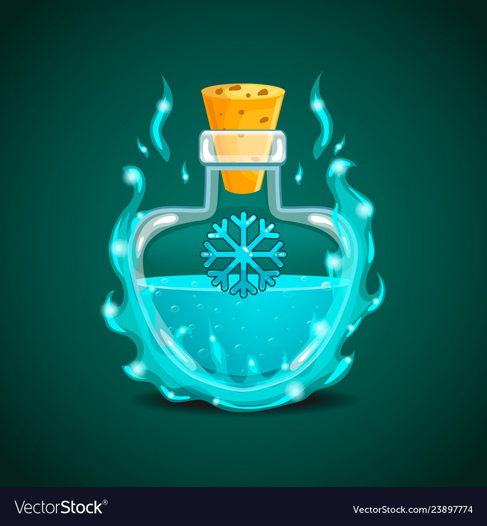 Elixir bottle with snowflake in magic smoke