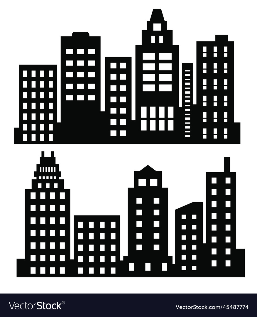 Flat black cityscape silhouette city buildings set