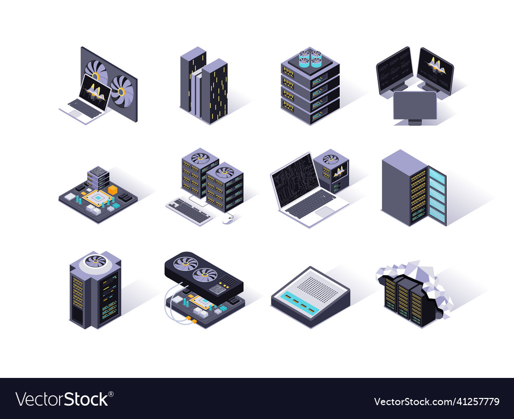 Data center isometric icons set servers equipment Vector Image