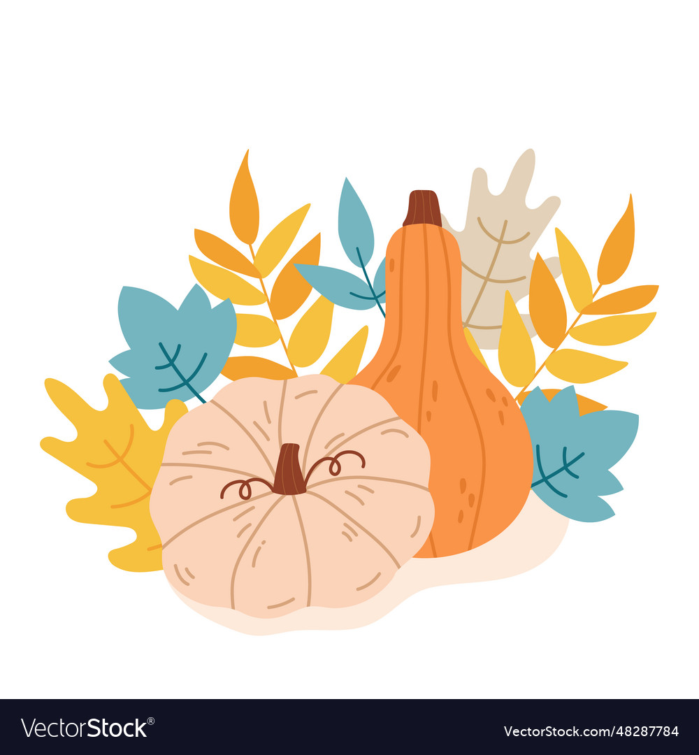 Autumn cute composition with pumpkin and leaves