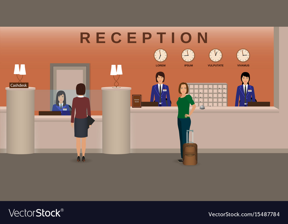 Hotel reception interior with employee and guests Vector Image