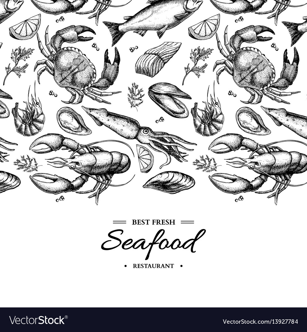 Seafood hand drawn framed vector image Seafood hand drawn framed