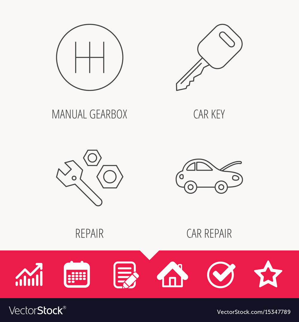 Car key repair tools and manual gearbox icons