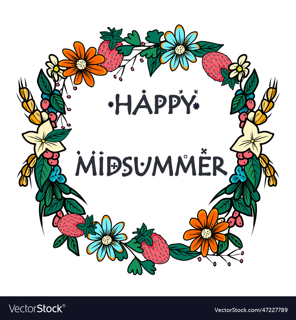 Happy midsummer greeting poster floral wreath