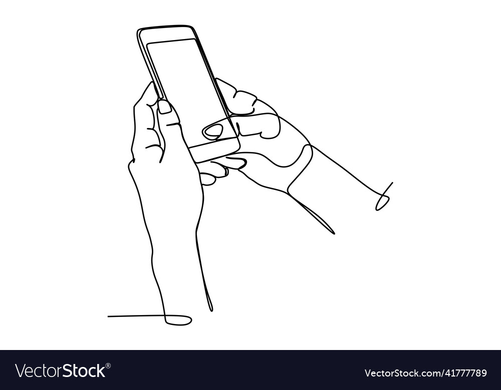 Line drawing of someones hands hold smatphone vector image Line drawing of someones hands hold smatphone