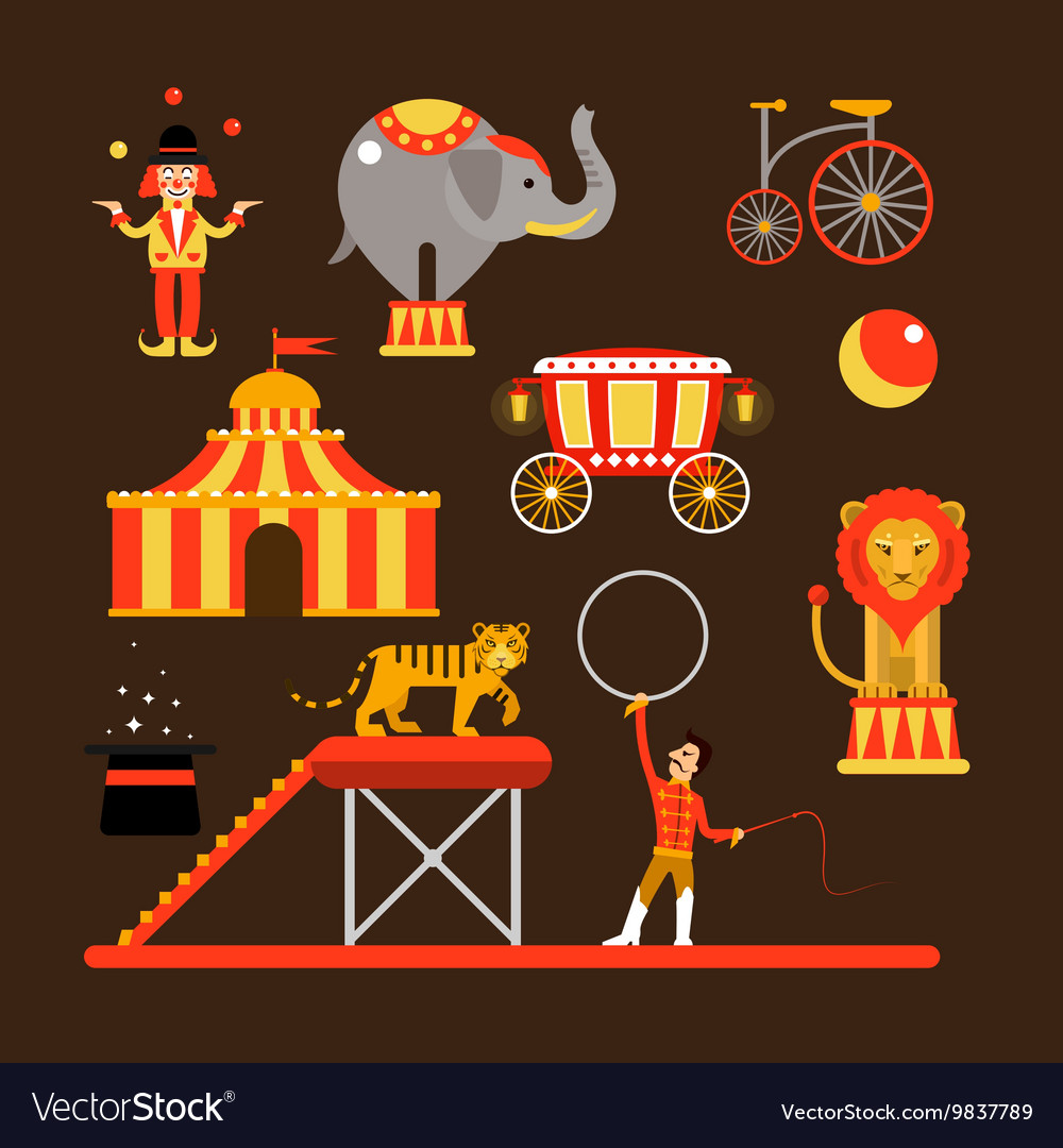 Set of circus artists acrobats and animals