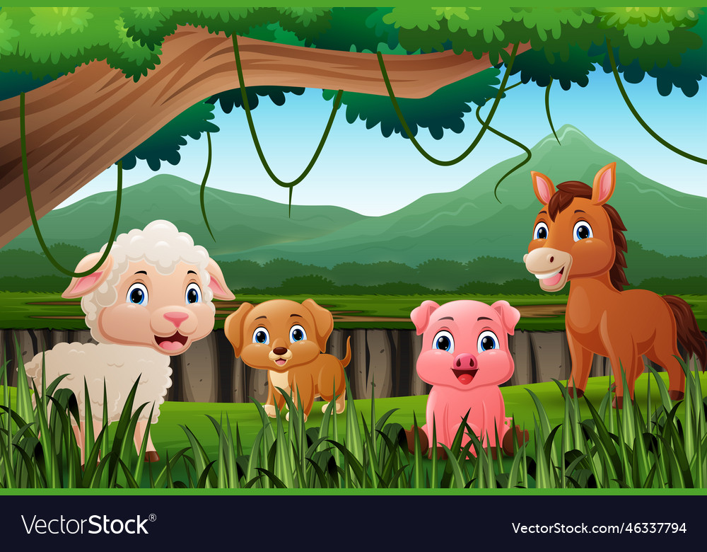 Cartoon farm animals in the jungle Royalty Free Vector Image