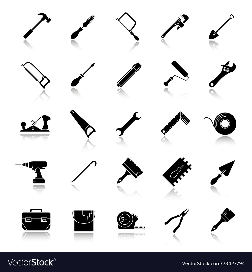 Konstruktionswerkzeuge fallen Schatten schwarze Glyphen Icons