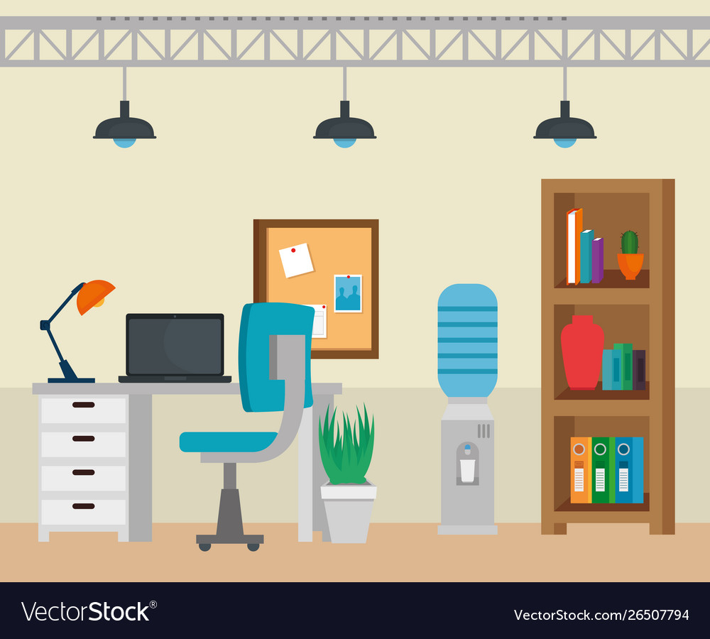 Laptop and lamp in desk with chair and books Vector Image