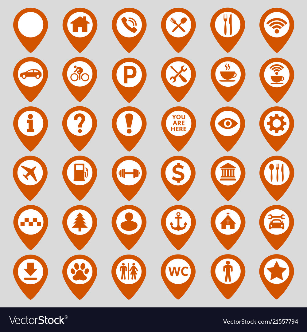 Map pin location icons set on gray background vector image Map pin location icons set on gray background