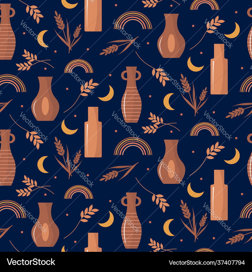 Pattern with ceramic vases on a dark background Vector Image