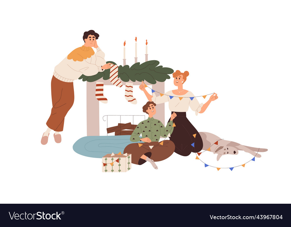 Happy family at fireplace decorating home Vector Image