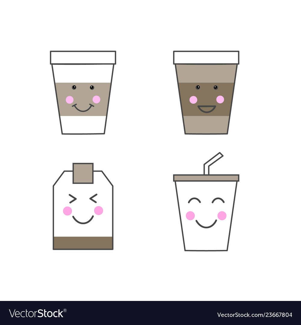 Set of kawaii drink icons paper cups and tea bag