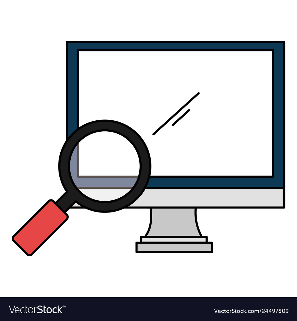 Computer display with magnifying glass vector image Computer display with magnifying glass