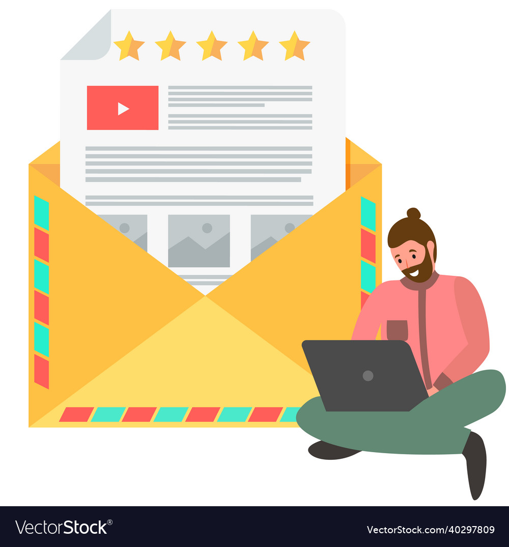 Man working with laptop on background of envelope