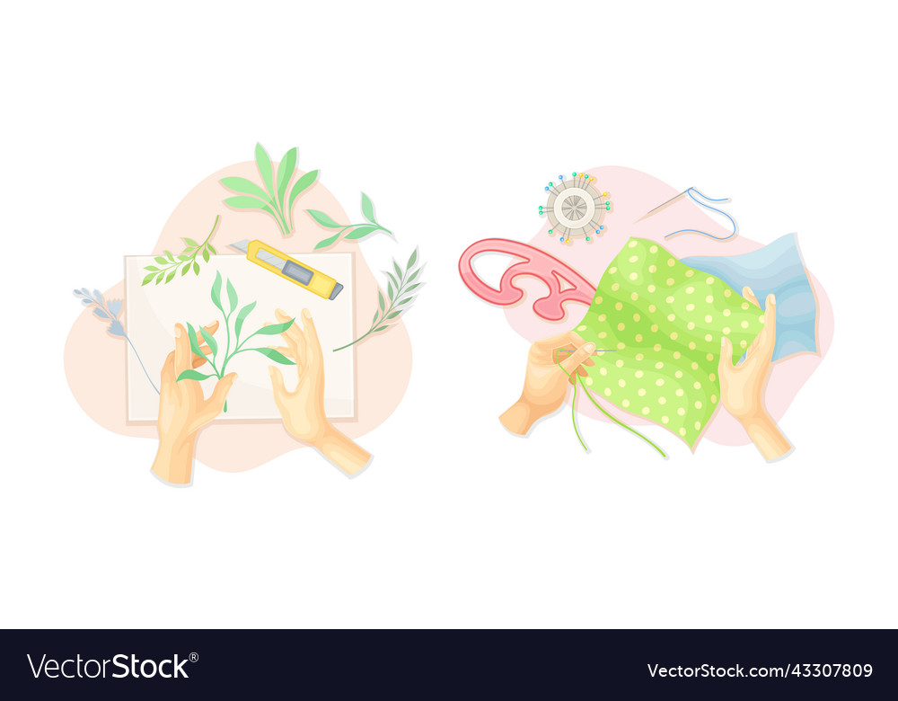 Top view of hands creating crafts set vector image Top view of hands creating crafts set