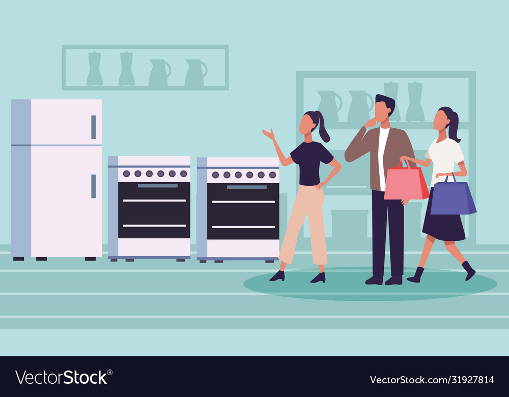 Group people in appliance store shopping day