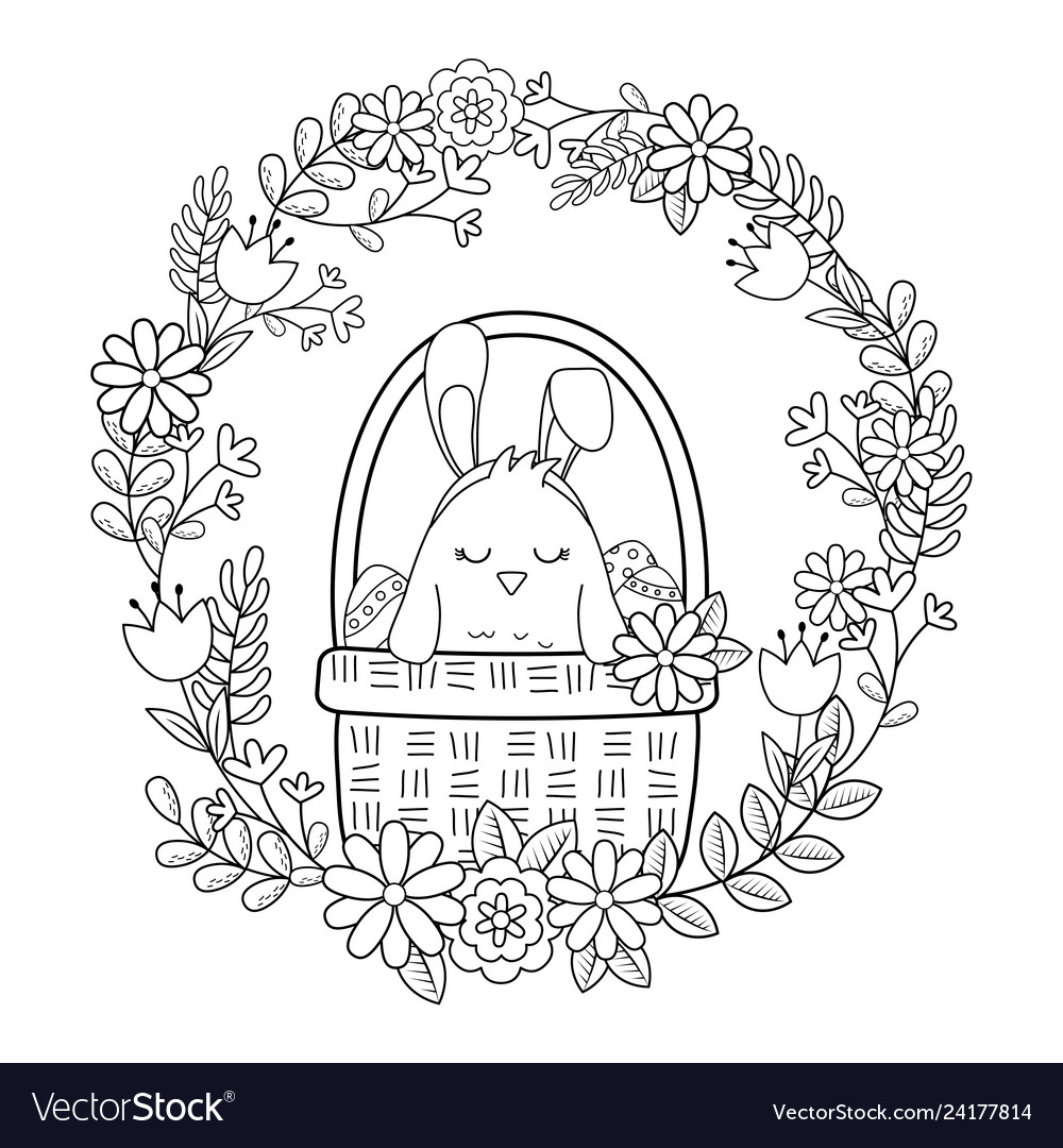 Little chick with ears rabbit in floral basket