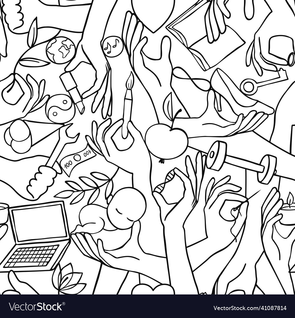 Seamless pattern with hand and objects of everyday vector image Seamless pattern with hand and objects of everyday