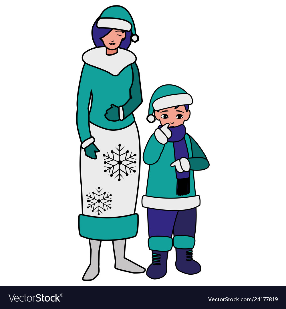 Cute mother and son with winter clothes