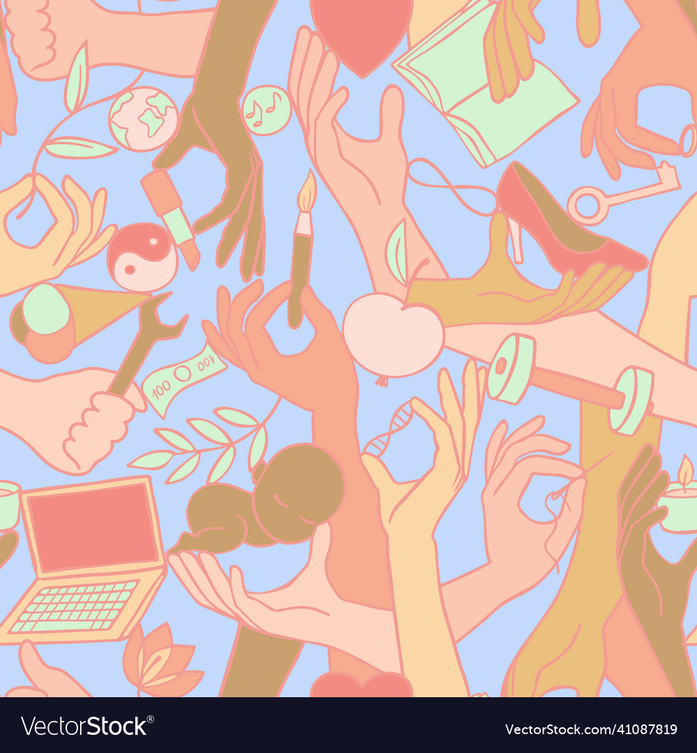 Pastel seamless pattern with hand and objects vector image Pastel seamless pattern with hand and objects