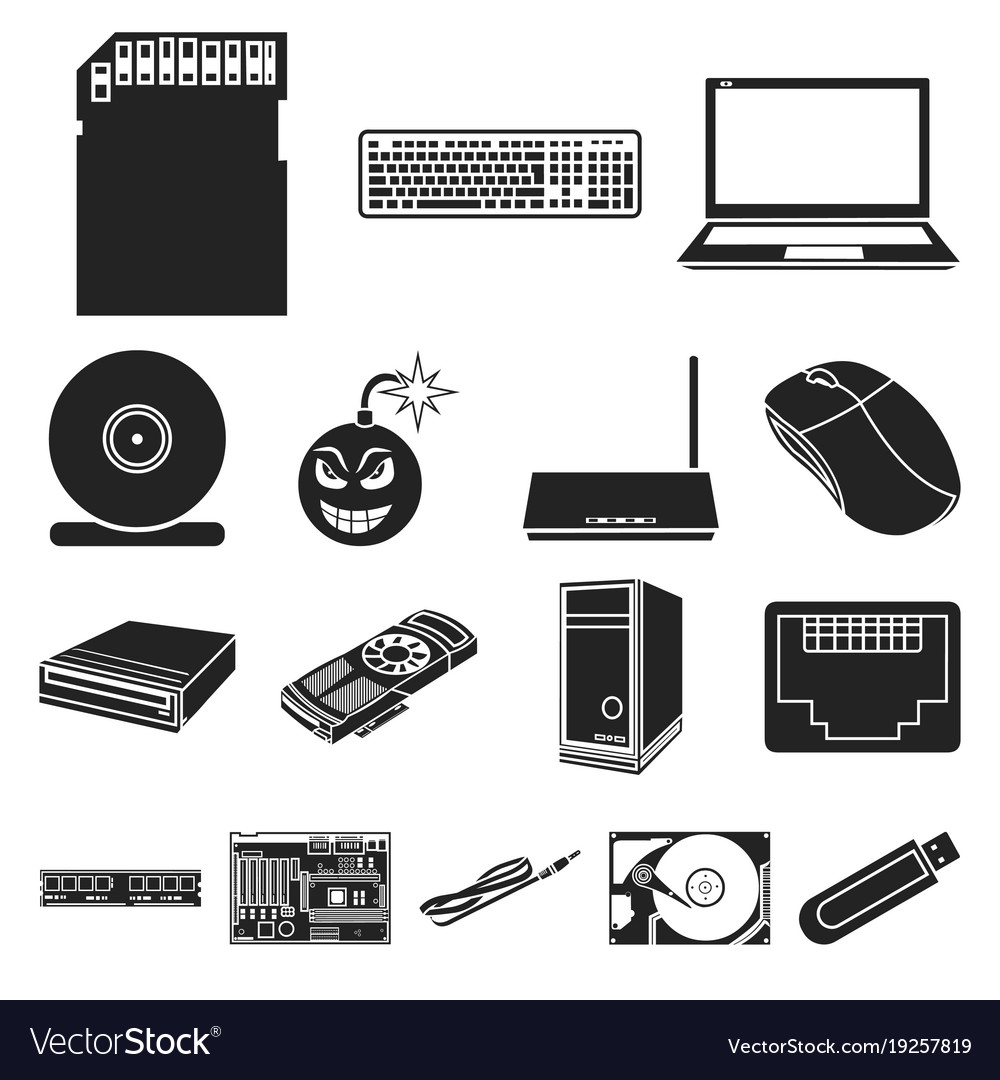 Personal computer black icons in set collection