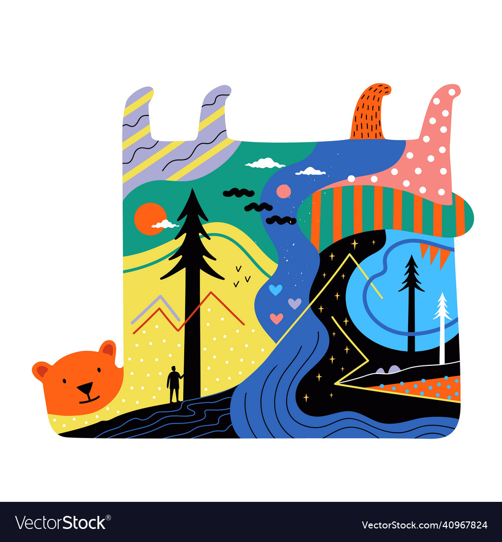 Abstract with bear mountains man trees river Vector Image